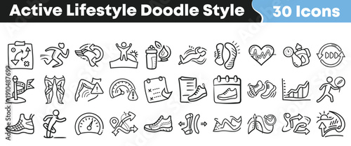 Collection of thirty hand drawn doodle style icons representing various concepts related to active lifestyle fitness and movement activities