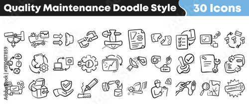 Thirty hand drawn black and white doodle style icons representing essential concepts related to quality control maintenance and technical service processes
