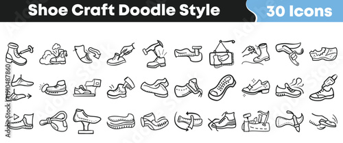 Thirty hand drawn doodle style icons illustrating various stages and tools used in the detailed craft of shoemaking and repair processes