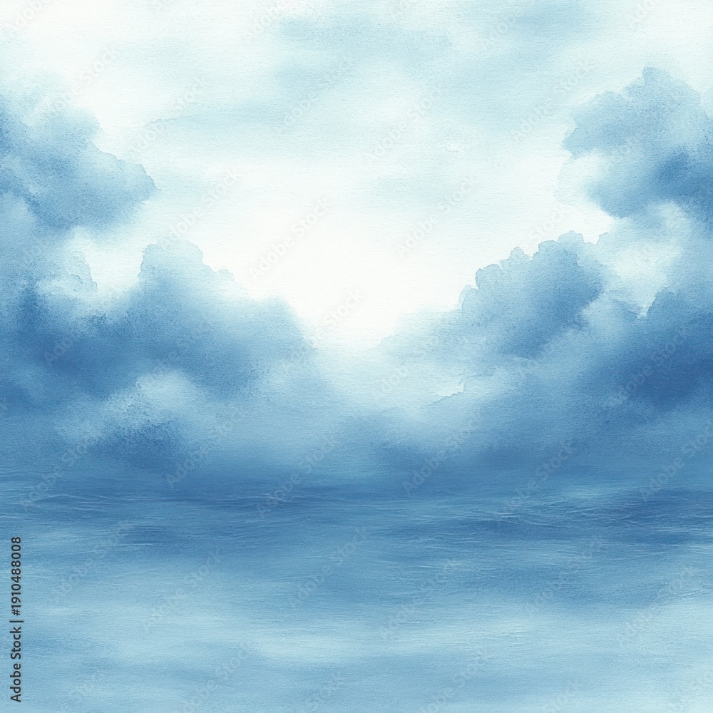 Obraz premium serene blue watercolor seascape with soft clouds, misty horizon and calm reflective water evoking a peaceful dreamy atmosphere