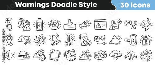 Collection of thirty hand drawn doodle style icons representing various warnings alerts and critical system notifications in black and white outline