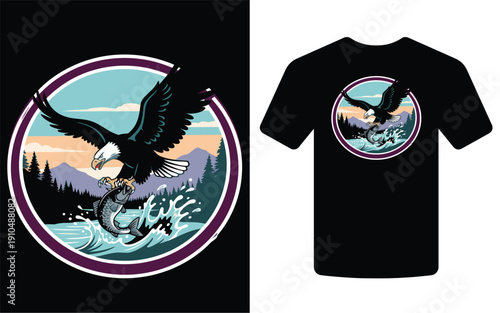 A majestic bald eagle gripping a fish is prominently displayed on a black t shirt mockup high quality
