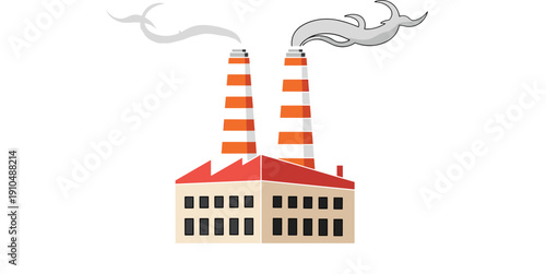Large beige factory building with two red and white striped chimneys emitting gray smoke