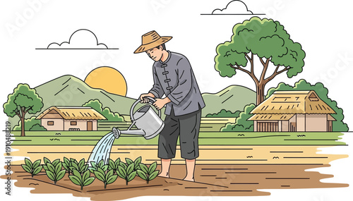 Man watering plants in a rural setting isolated on transparent background