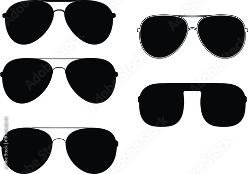 Aviator sunglasses silhouette set isolated on white background, black retro pilot glasses vector illustration collection for fashion design
