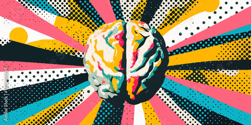 A colorful depiction of a human brain with radiating burst lines