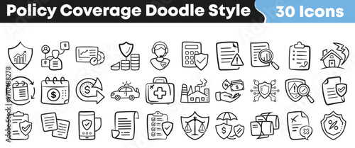 Collection of thirty policy coverage doodle style icons representing various aspects of insurance financial security and protection services