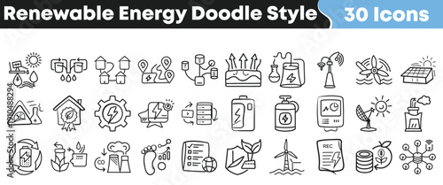 Thirty hand drawn doodle style icons representing various concepts related to renewable energy sources and sustainable technology solutions