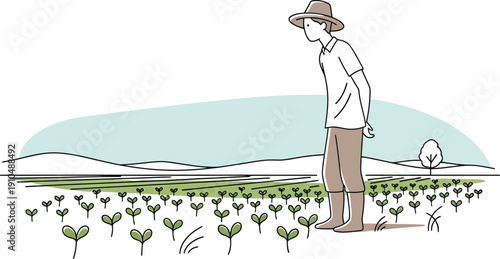A man in a hat standing in a field isolated on transparent background