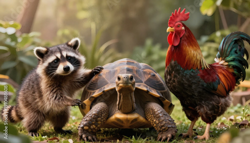 Wallpaper Mural A Raccoon A Tortoise And A Rooster Standing Together In A Lush Outdoor Setting Torontodigital.ca
