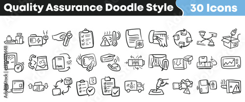 Collection of thirty hand drawn doodle style icons representing various essential concepts related to quality assurance and control processes