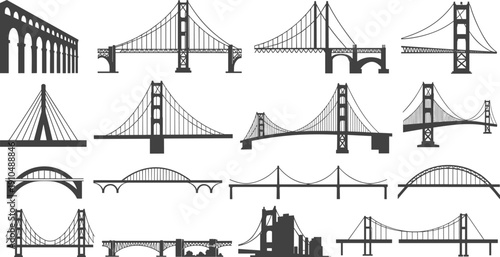 Bridge silhouettes collection isolated on white background, suspension arch and cable stayed bridges black vector illustration set for design