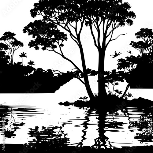 A black silhouette of a tropical island with trees and birds on transparent background