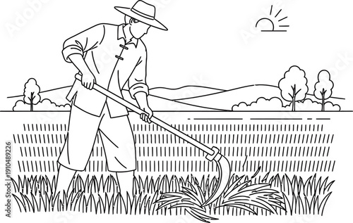Man harvesting crops with a scythe isolated on transparent background
