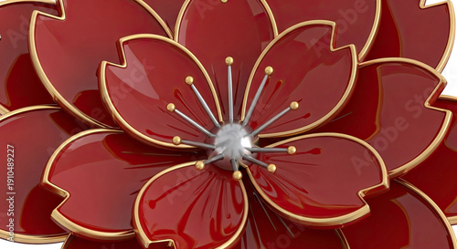 Close-up of a stylized red flower with gold trim and metallic stamen