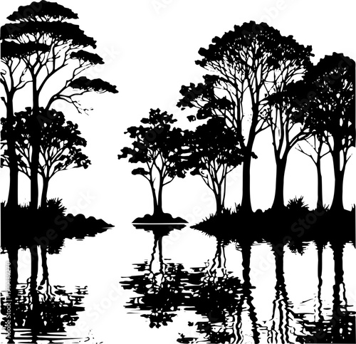 A black silhouette of trees standing in water on transparent background