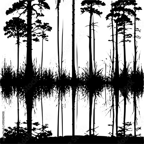 A black silhouette of trees and grass on a transparent background