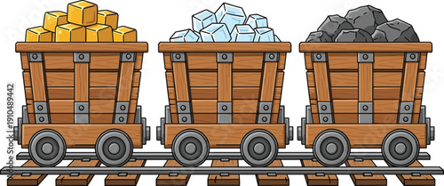Three wooden mine carts on tracks filled with gold bars ice blocks and rocks wooden carts
