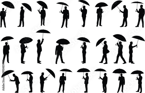 Businessman with umbrella silhouettes collection isolated on white background, corporate male figures standing walking black vector illustration set