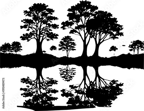 A black silhouette of trees reflected in water on transparent background