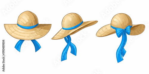 Three straw hats with blue ribbons displayed in a row