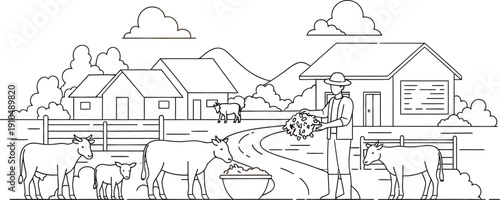 Black and white farm scene with cows isolated on transparent background