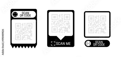 QR code set. Template of frames with text - scan me and QR code for smartphone, mobile app, payment and discounts. Quick Response codes. Vector illustration.