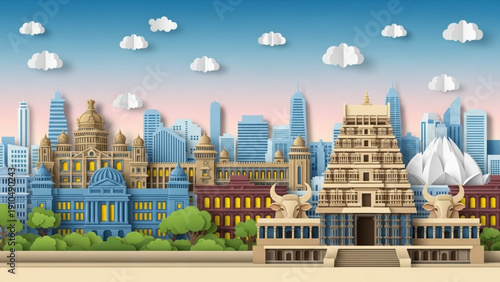 Detailed paper-cut composition featuring a South Indian temple flanked by Nandi bull statues and the Vidhana Soudha in the background.