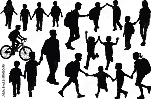 Children and father silhouettes collection isolated on white background, kids playing walking biking black vector illustration set