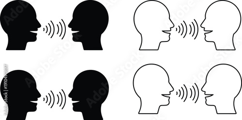 Abstract human head silhouettes communicating with sound waves, conversation and speech concept vector illustration in black and white minimal style flat design
