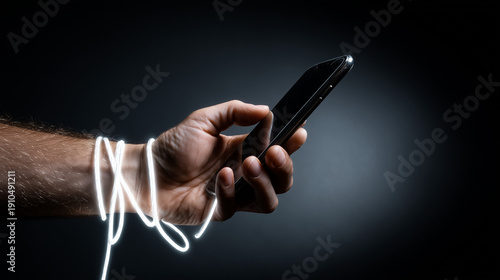 Connected by Technology: A hand clutches a phone while entangled by a glowing cord, representing the grip and connection of technology on the modern world. 