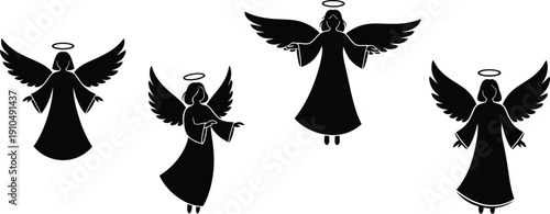 Set of four black and white silhouette icons depicting different poses of celestial angels wearing halos and large feathered wings suitable for holiday designs.