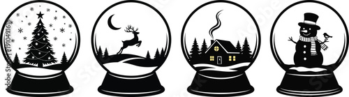 Collection of four black silhouette snow globe designs featuring festive winter scenes like a decorated Christmas tree a jumping reindeer a cozy cabin and a happy snowman icon set
