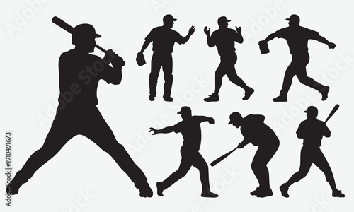 Baseball Players in Various Action Poses Silhouette 9