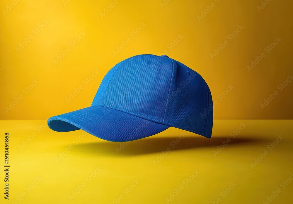 Fototapeta premium vibrant blue baseball cap levitating above yellow surface with soft shadow and minimalist studio lighting, playful modern mood
