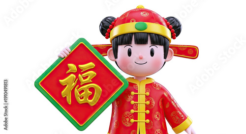 3D Cartoon Child with Chinese Fu Character Sign for Lunar New Year