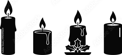 A collection of four distinct black silhouette icons depicting lit candles with varying wax drip designs and one decorated with traditional holiday holly leaves and berries