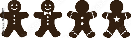 A collection of four delightful brown gingerbread cookie silhouettes featuring various simple white decorations like buttons smiles and a small star perfect for holiday concepts