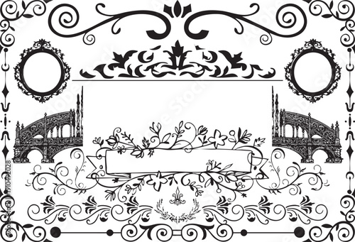 Vintage Ornate Frame Set Decorative Floral Borders and Architectural Bridge Elements