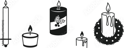 Collection of five distinct black and white graphic icons representing various types of burning candles for holiday and general illumination purposes in a set