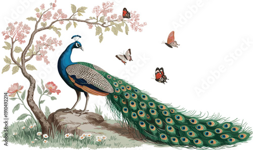 Vintage Peacock with Butterflies and Blossoming Tree Illustration, Elegant Botanical Bird Artwork in Classic Decorative Engraving Style on White Background