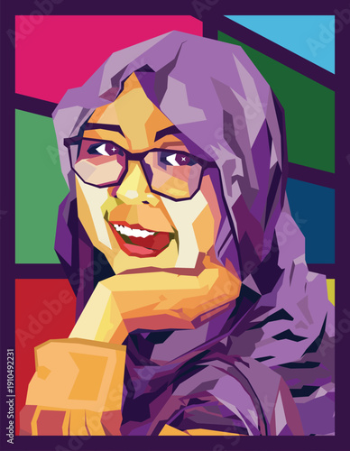 WPAP Pop Art Portrait of Smiling Muslim Woman in Hijab and Glasses
