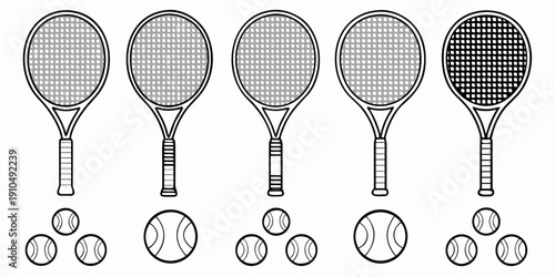 Line art illustration of various tennis rackets and tennis balls