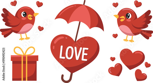Cute Valentine Love Birds with Heart Umbrella and Gift Box, Adorable Romantic Cartoon Clipart Set in Flat Vector Style