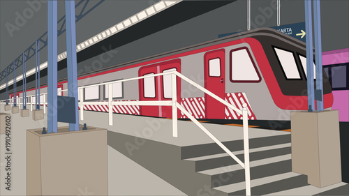 Electric Train at Railway Station Platform Flat Vector Illustration