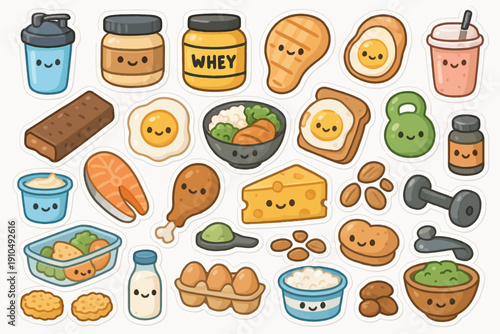 Cute cartoon illustrations of protein-rich foods and fitness items
