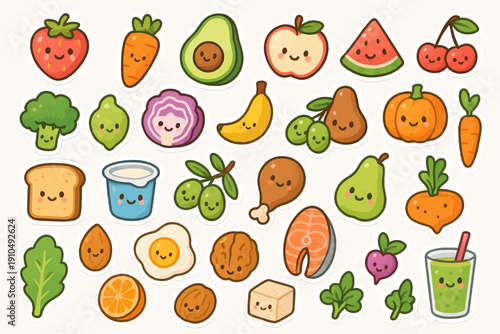 Cute cartoon fruits and vegetables with smiling faces on a white background