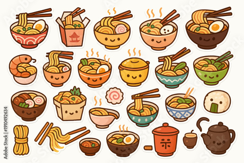 Cute cartoon noodle and ramen characters with happy expressions and food items