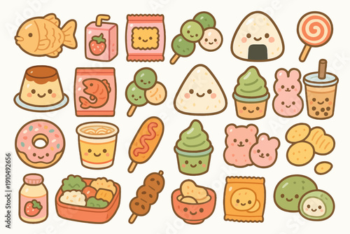 Cute kawaii japanese food doodles with faces: snacks, desserts, and more