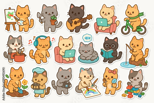 Cute cartoon cats engaging in various hobbies and activities